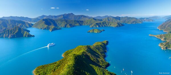 Cruise ship in Marlborough Sounds, New Zealand. Leaving Picton i