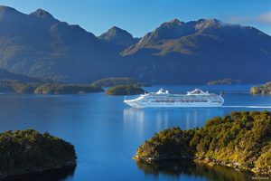 Cruise ship in remote Dusky Sound, Fiordland National Park